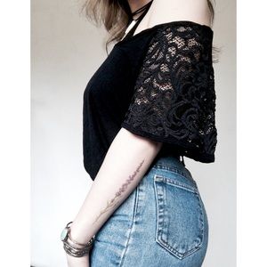 Free People Off the Shoulder Lace Sleeve Tee Shirt